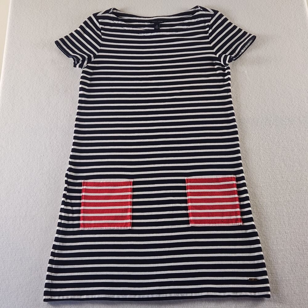 Tommy Hilfiger Dress Womens Medium Striped White Navy Red Pockets Cotton T Shirt